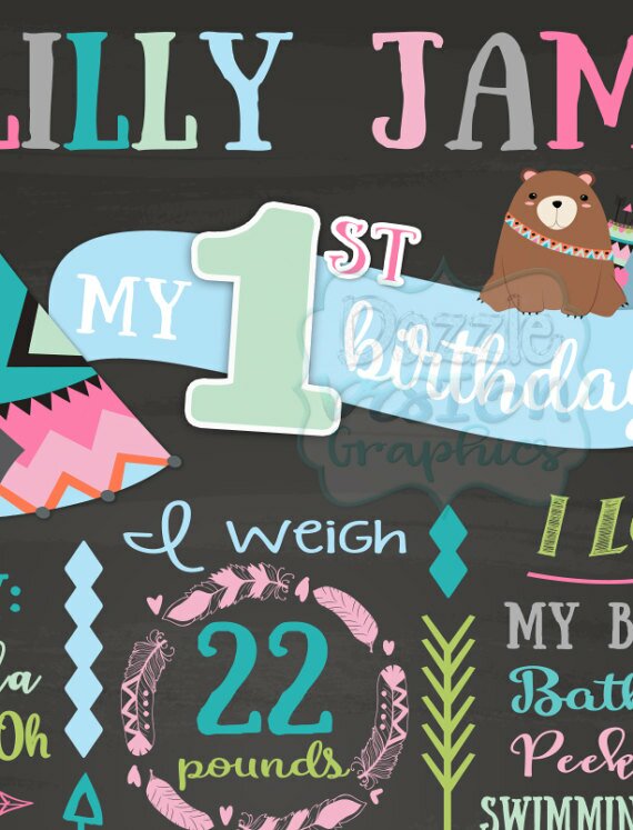 First Birthday Stats Poster Tribal teepee boho