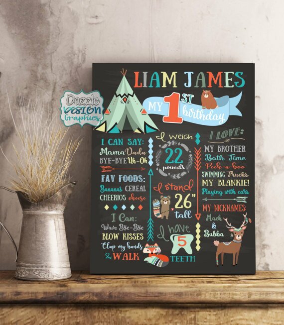 First Birthday Stats Poster Tribal teepee boho