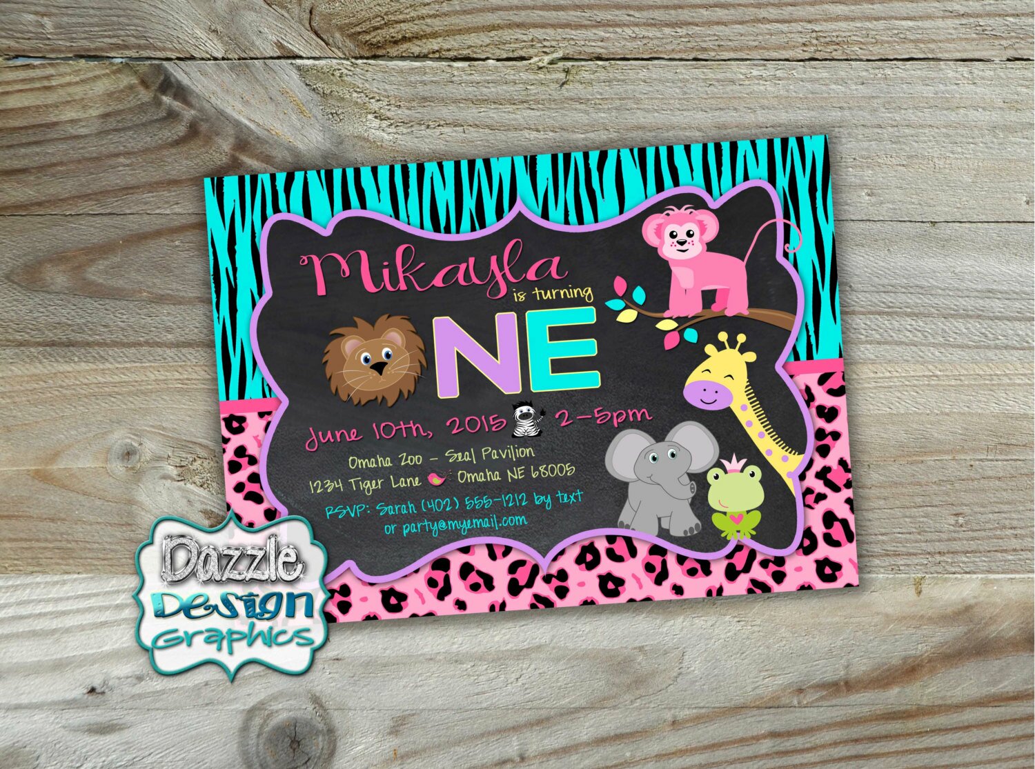 Jungle birthday invitation zebra giraffe frog lion 